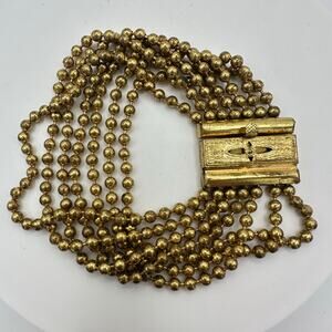 Antique Art Deco 1930s gold tone 7 strand brass ball beads pull chains bracelet